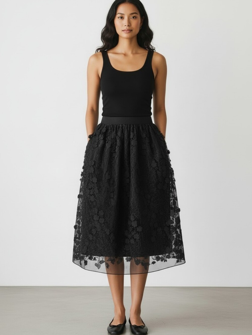 Molly Bracken Floral Appliqué Tulle Midi Skirt
